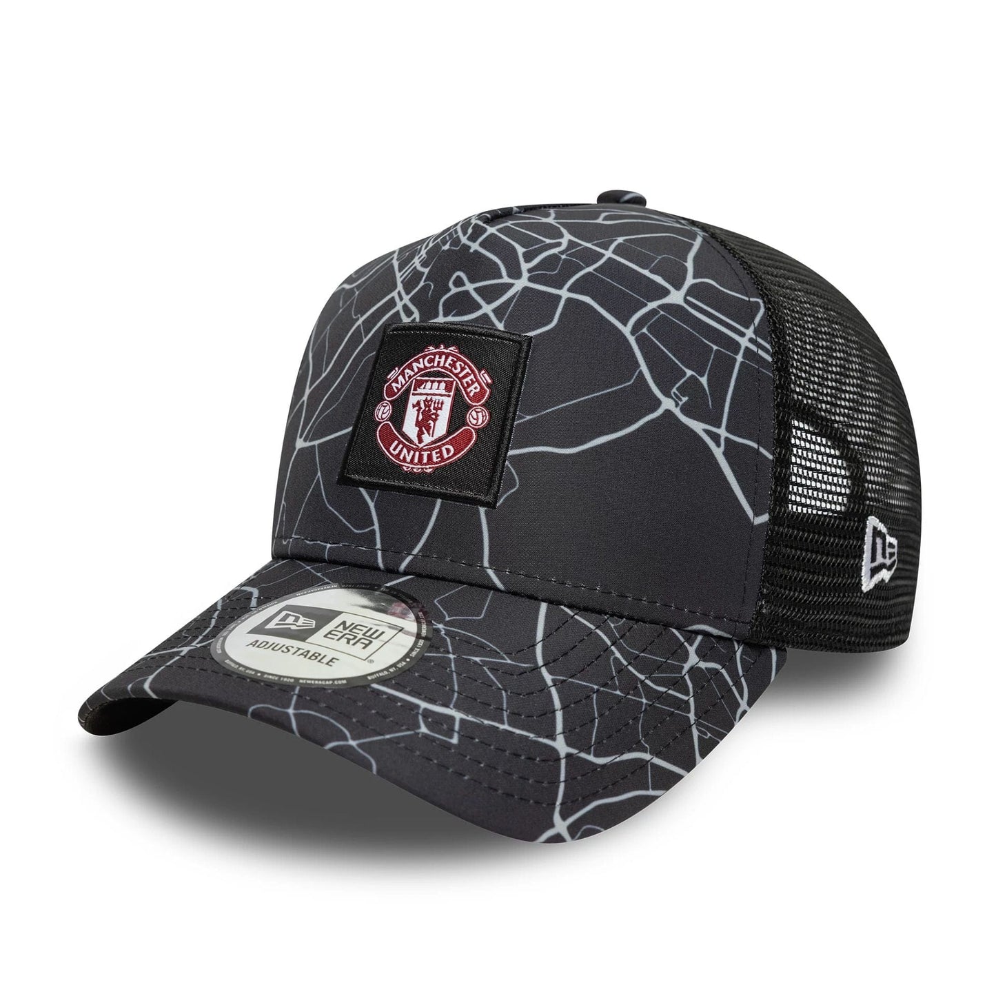 This is a Manchester United FC All Over Print Black 9FORTY E-Frame Trucker Adjustable Cap 1