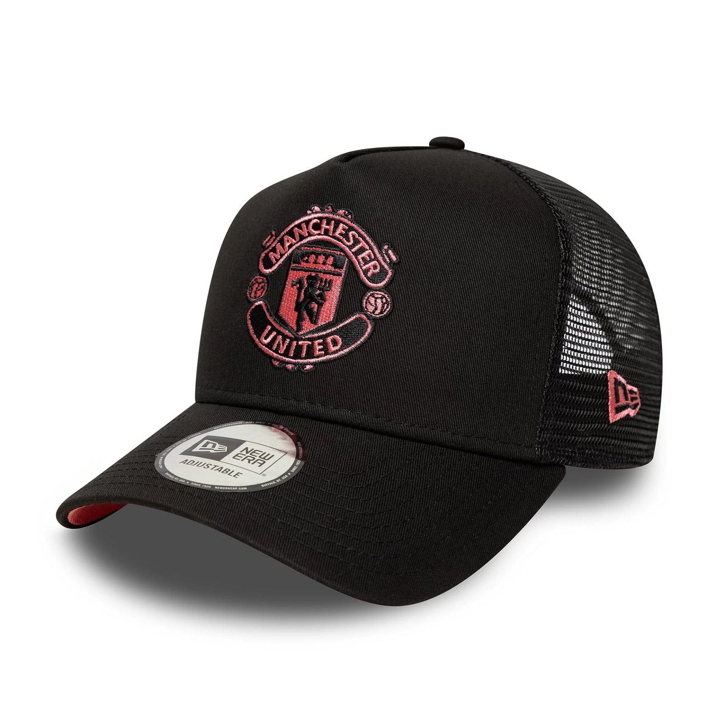 This is a Manchester United FC Seasonal Black 9FORTY E-Frame Trucker Adjustable Cap 1
