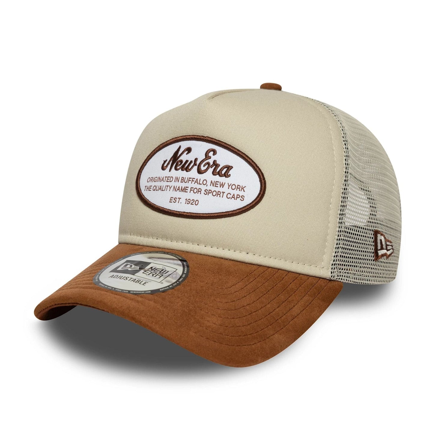 This is a New Era Oval Patch Suede Cream 9FORTY E-Frame Trucker Adjustable Cap 1