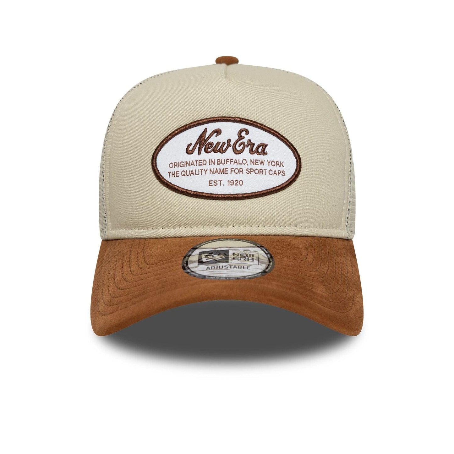 This is a New Era Oval Patch Suede Cream 9FORTY E-Frame Trucker Adjustable Cap 2