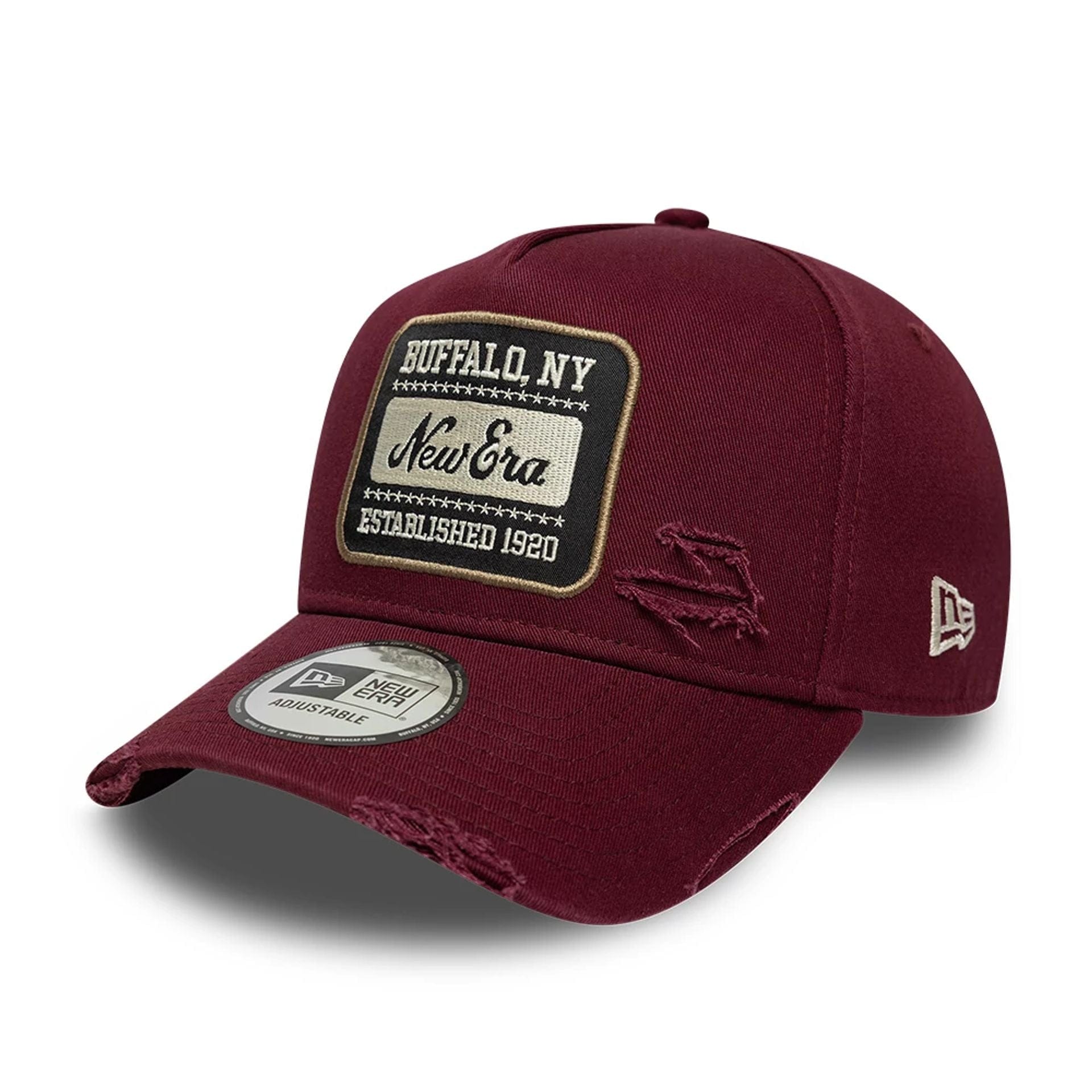 This is a New Era Patch Distressed Dark Red 9FORTY E-Frame Adjustable Cap 1