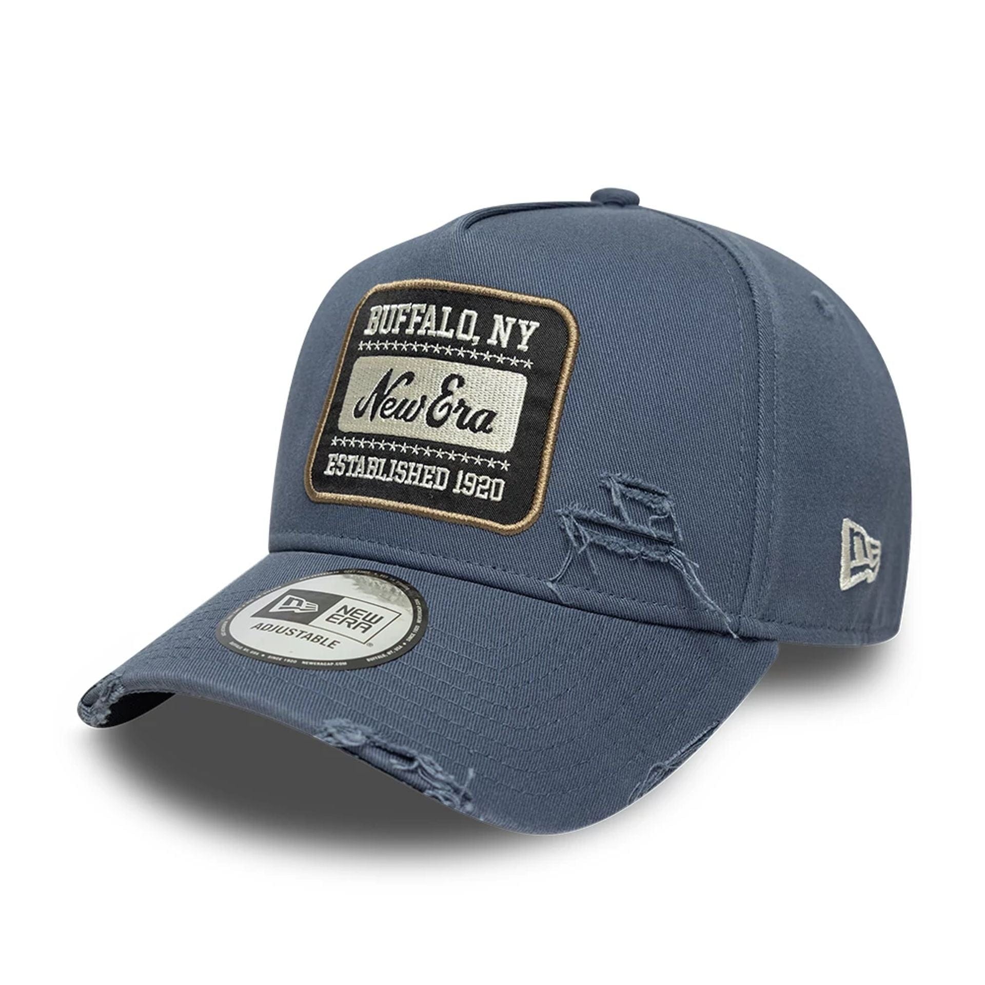 This is a New Era Patch Distressed Dark Blue 9FORTY E-Frame Adjustable Cap 1