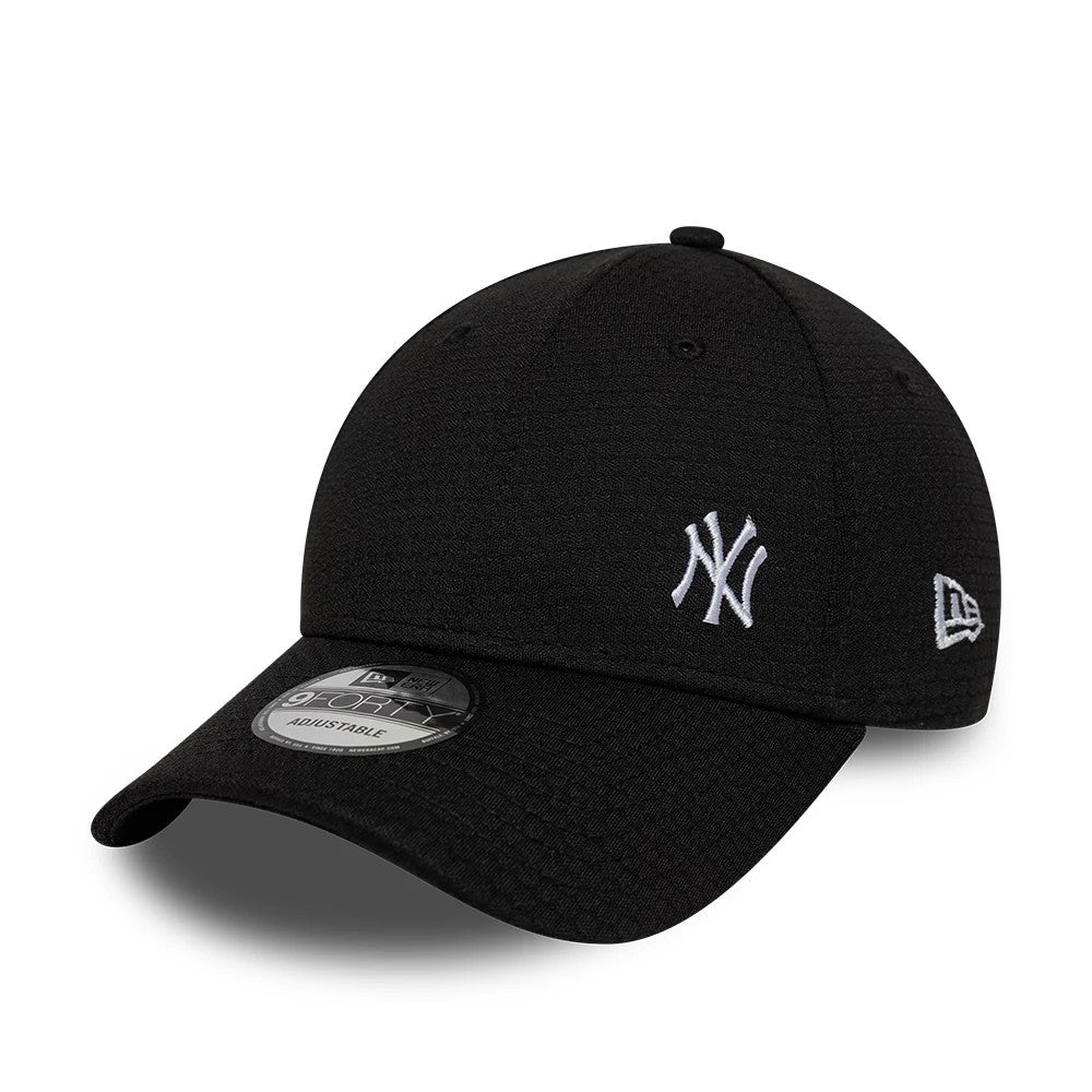 New York Yankees MLB Flawless Mesh Black New Era 9FORTY Adjustable Cap, three-quarter view showing raised white NY logo on the front panel, New Era flag logo on the left side, and 9FORTY size sticker on the black curved visor.