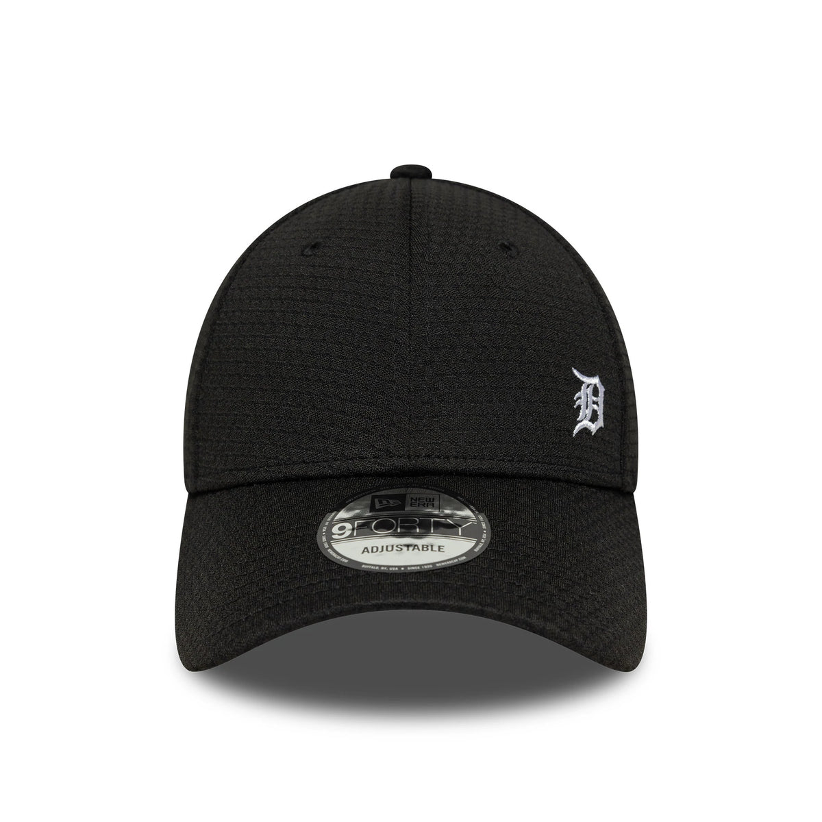 Detroit Tigers MLB Flawless Mesh Black New Era 9FORTY Adjustable Cap, front view showing the white embroidered D logo on the front panel with a curved black visor and 9FORTY size sticker on top.