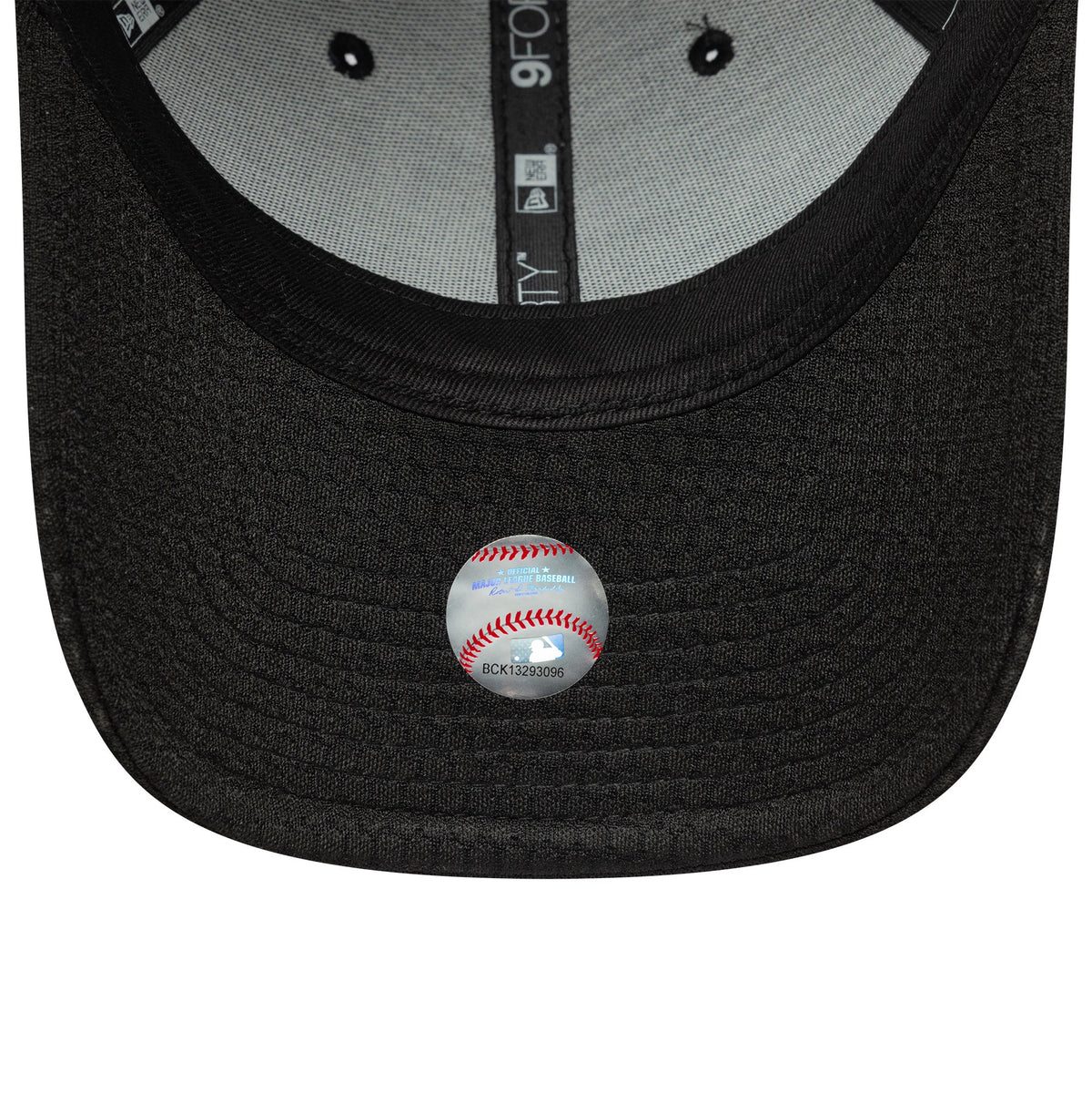 Detroit Tigers MLB Flawless Mesh Black New Era 9FORTY Adjustable Cap, inside view showing black taping with 9FORTY branding, a grey sweatband, and a silver sticker with red baseball stitching under the black visor.