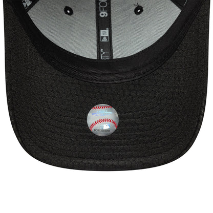 Detroit Tigers MLB Flawless Mesh Black New Era 9FORTY Adjustable Cap, inside view showing black taping with 9FORTY branding, a grey sweatband, and a silver sticker with red baseball stitching under the black visor.