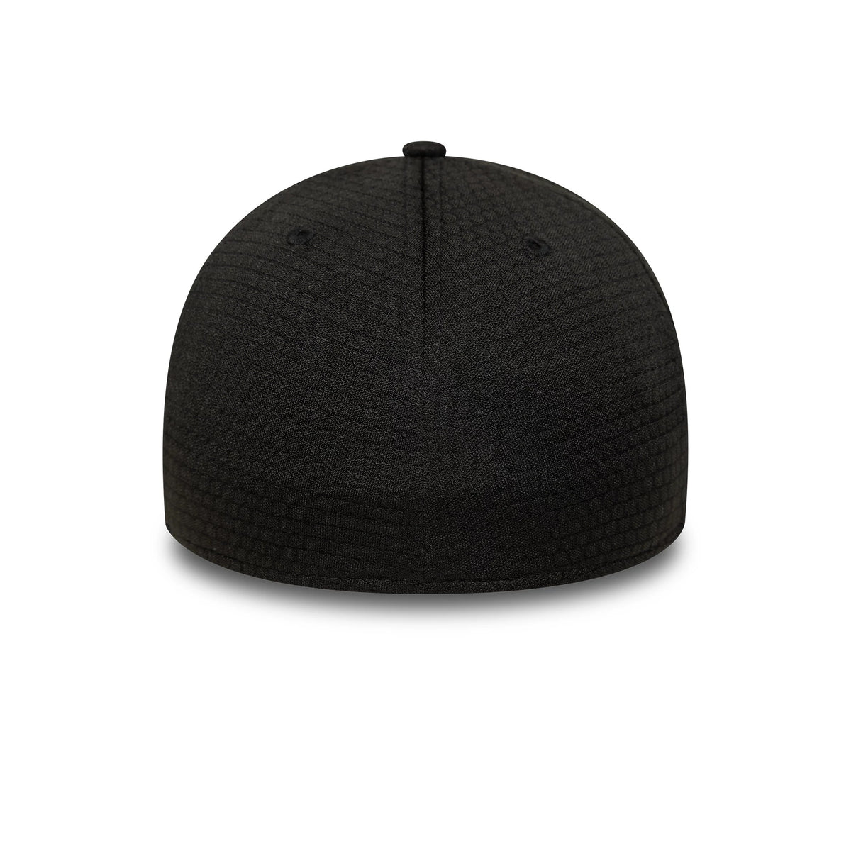 New York Yankees MLB Stretch Mesh Black New Era 39THIRTY Stretch-Fit Cap, rear view showing the snug fit of the black textured mesh material on the curved back panels, centred around the top button.