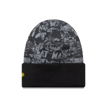 New Era Batman Youth DC Black Cuff Knit Beanie Hat, front view showing an all-over grey Batman graphic on the crown and a black cuff with a yellow embroidered New Era flag logo on the left side.