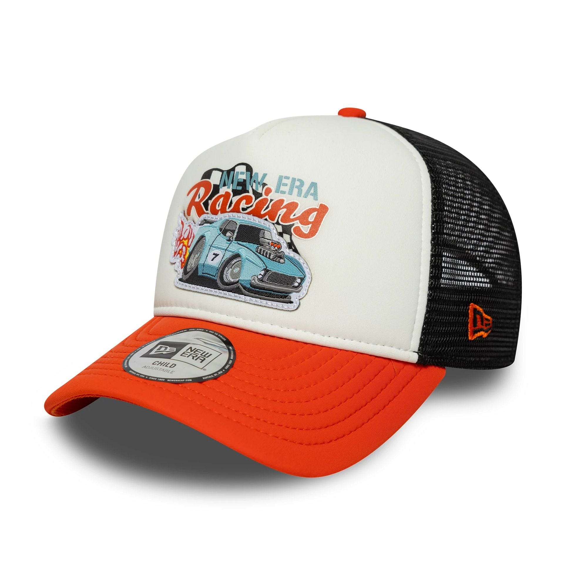 This is a Child New Era Race Orange 9FORTY A-Frame Trucker Adjustable Cap 1
