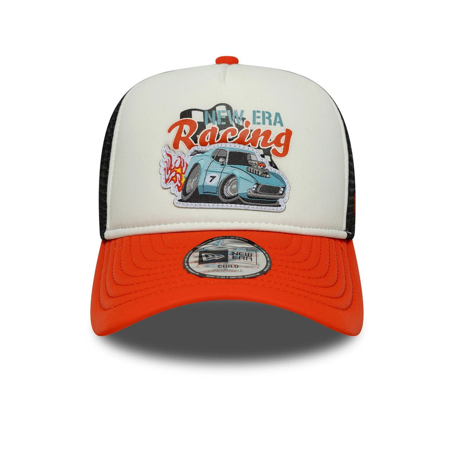 This is a Child New Era Race Orange 9FORTY A-Frame Trucker Adjustable Cap 2
