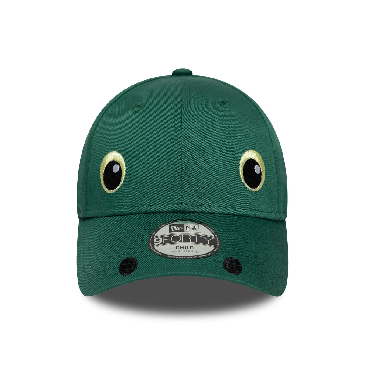 Child New Era Face Green New Era 9FORTY Adjustable Cap, front view with playful embroidered eyes on the front panels, featuring a curved visor with a 9FORTY size sticker and small embroidered nostrils near the visor's edge.