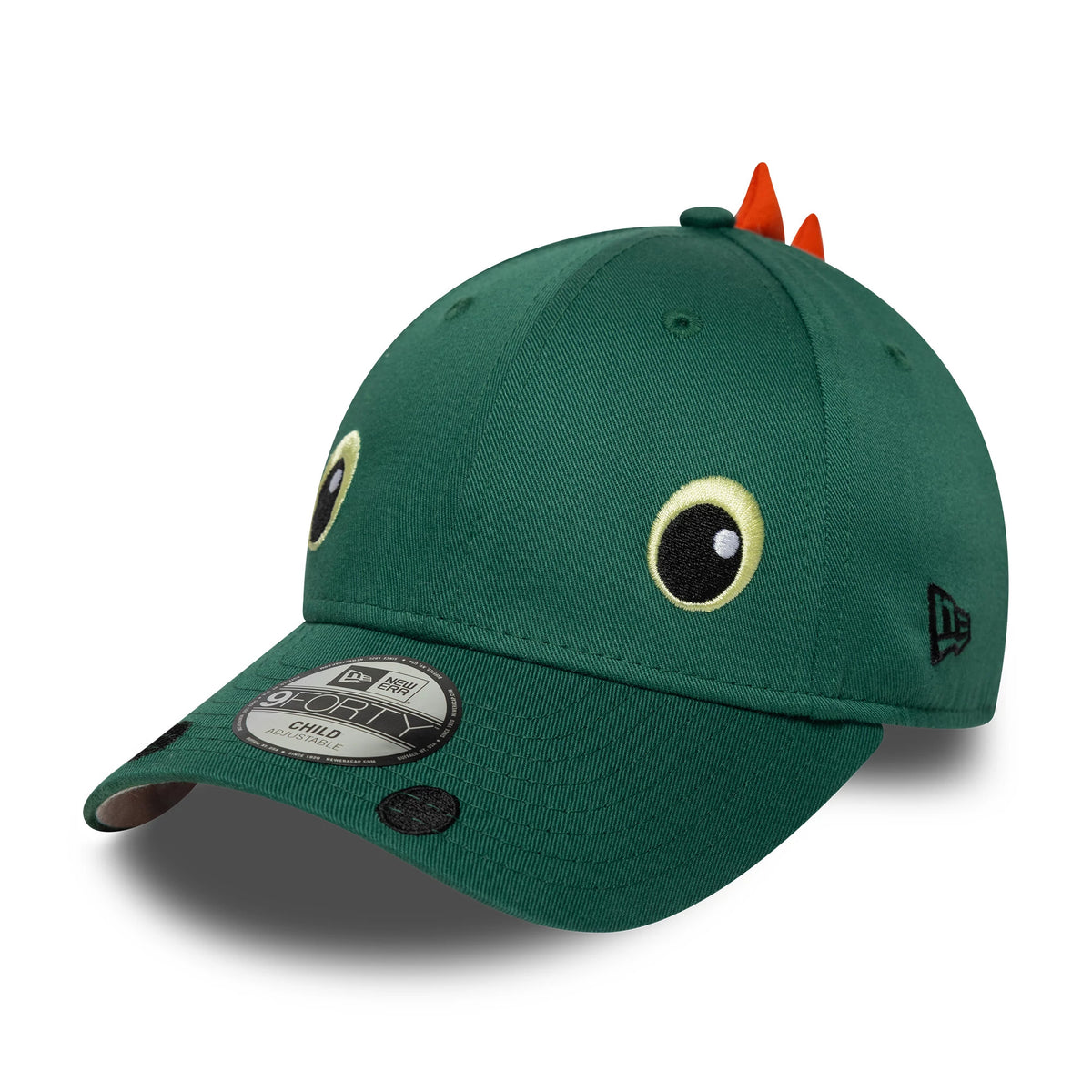 Child New Era Face Green 9FORTY Adjustable Cap, three-quarter view showing embroidered eyes on the front panels, orange spikes on the crown, and a black New Era flag logo on the left side, with a 9FORTY size sticker on the green visor.