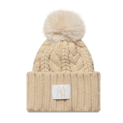 This is a New York Yankees Youth MLB Light Beige Cable Knit Beanie Hat 1