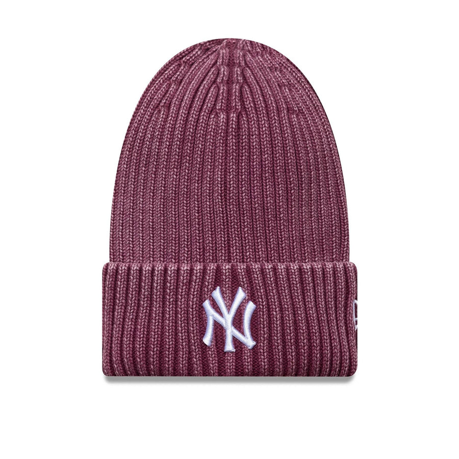 This is a New York Yankees MLB Washed Dark Red Cuff Knit Beanie Hat 1