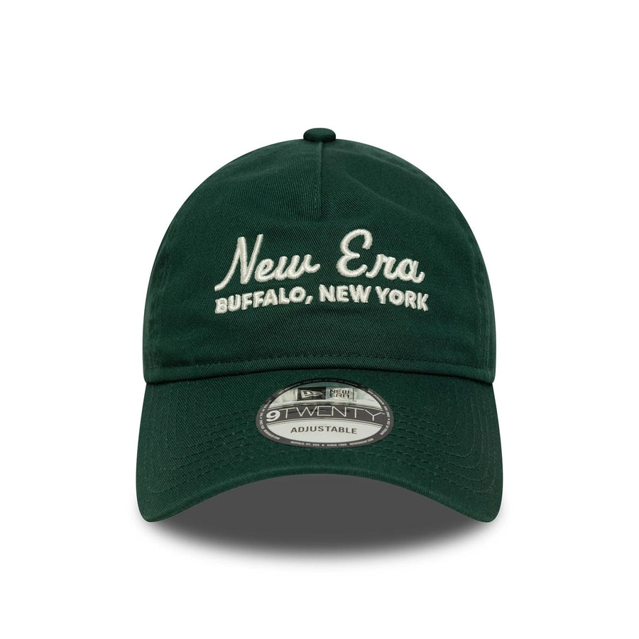 This is a New Era Script Dark Green 9TWENTY A-Frame Adjustable Cap 2