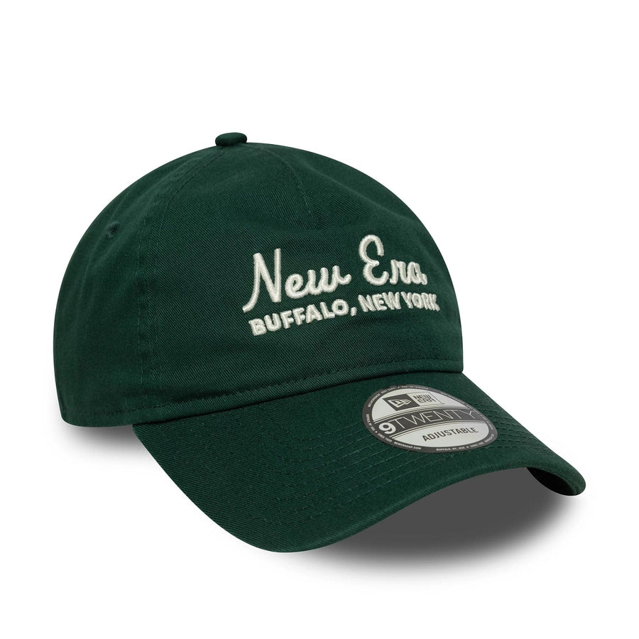 This is a New Era Script Dark Green 9TWENTY A-Frame Adjustable Cap 3