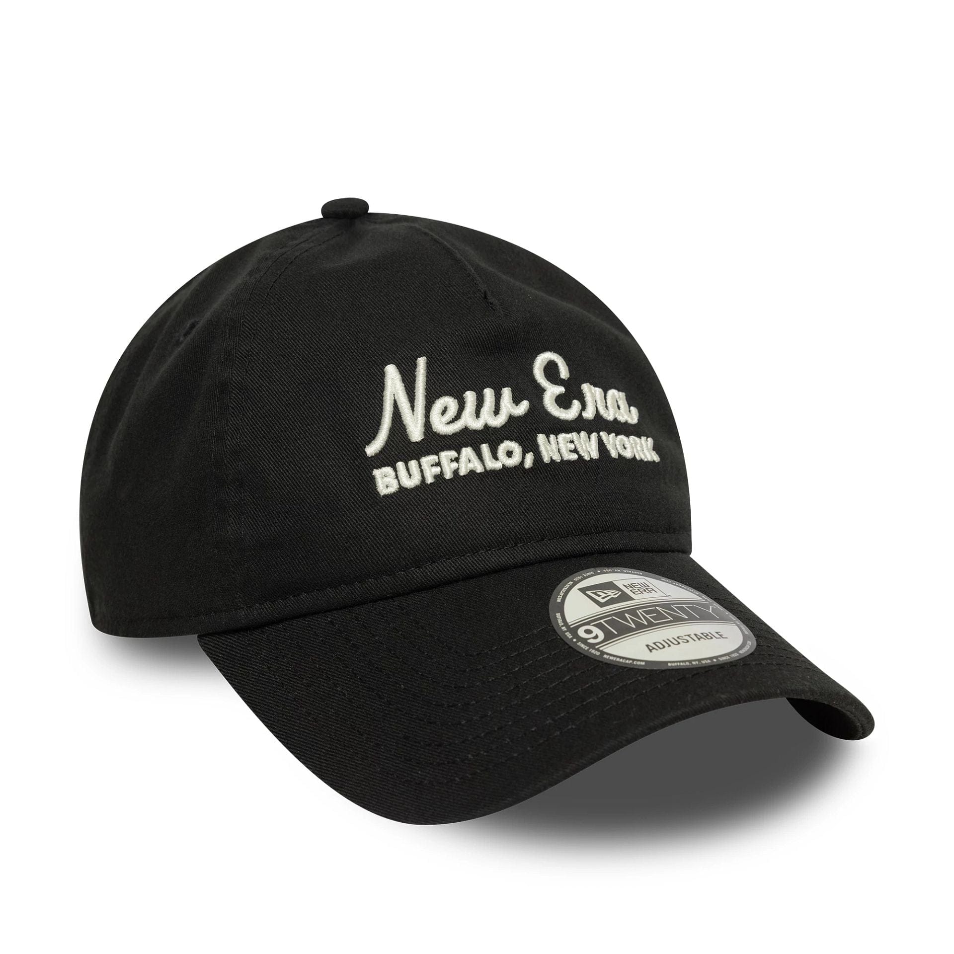This is a New Era Script Black 9TWENTY A-Frame Adjustable Cap 3