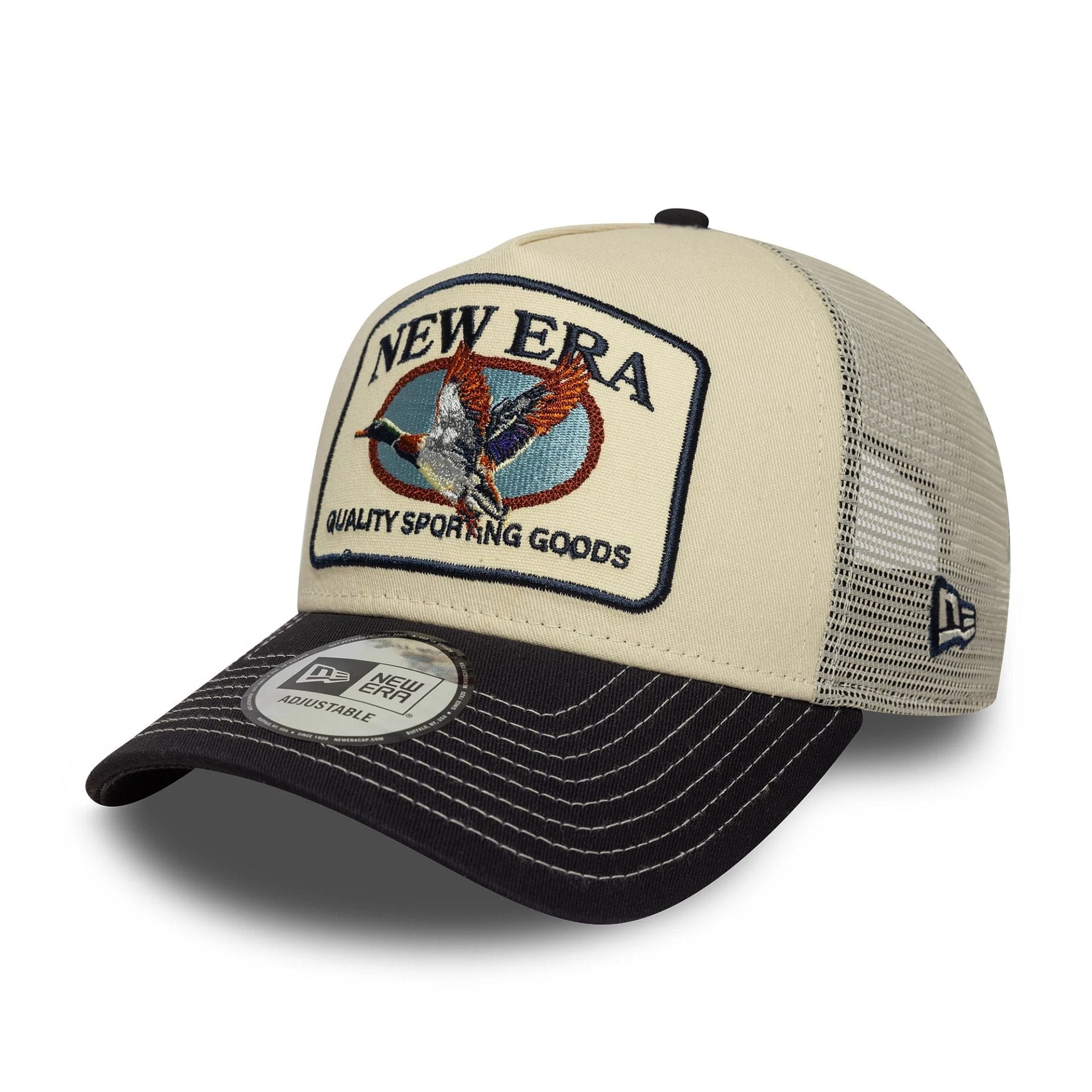This is a New Era Animal Patch Navy 9FORTY A-Frame Trucker Adjustable Cap 1