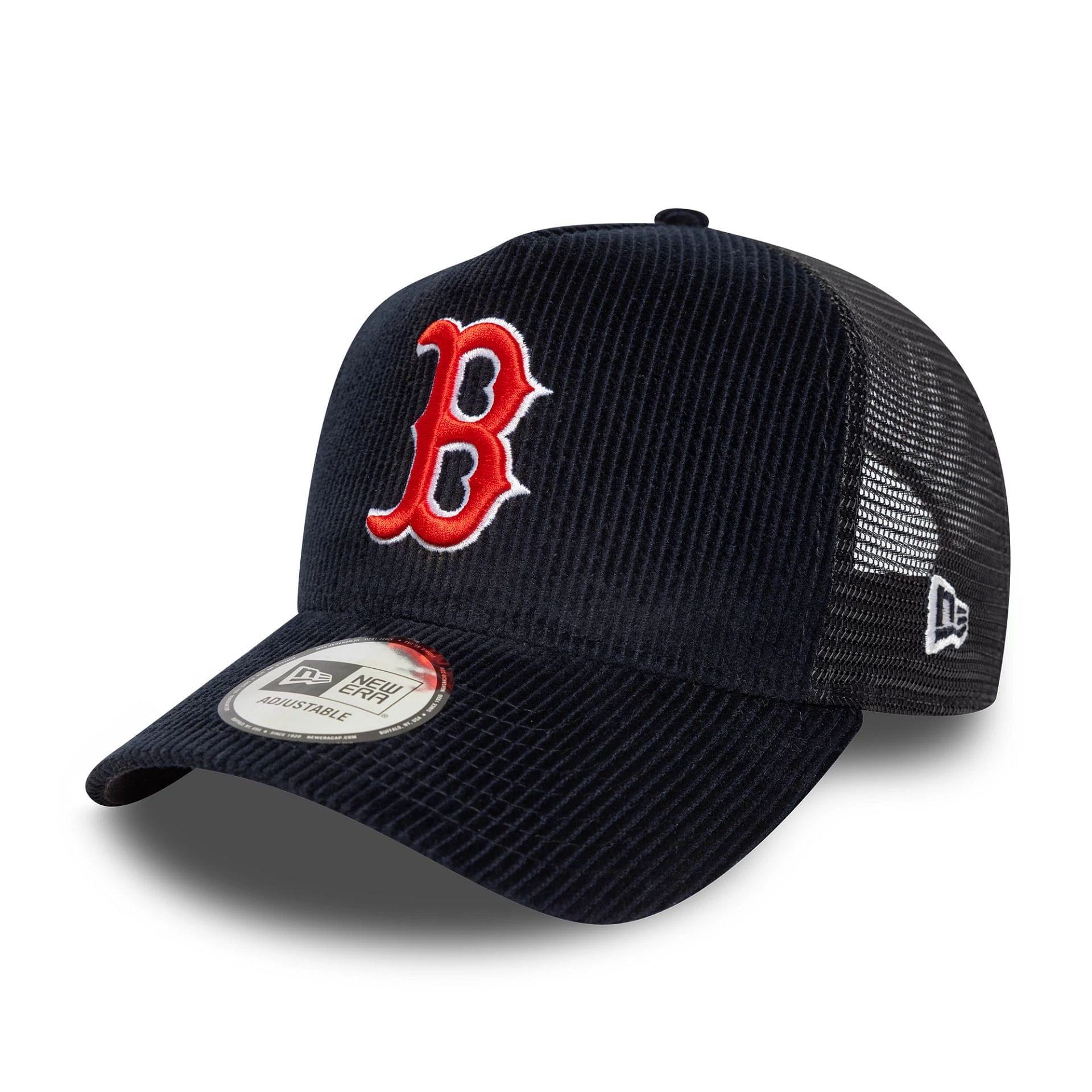 This is a Boston Red Sox MLB Cord Navy 9FORTY A-Frame Trucker Adjustable Cap 1
