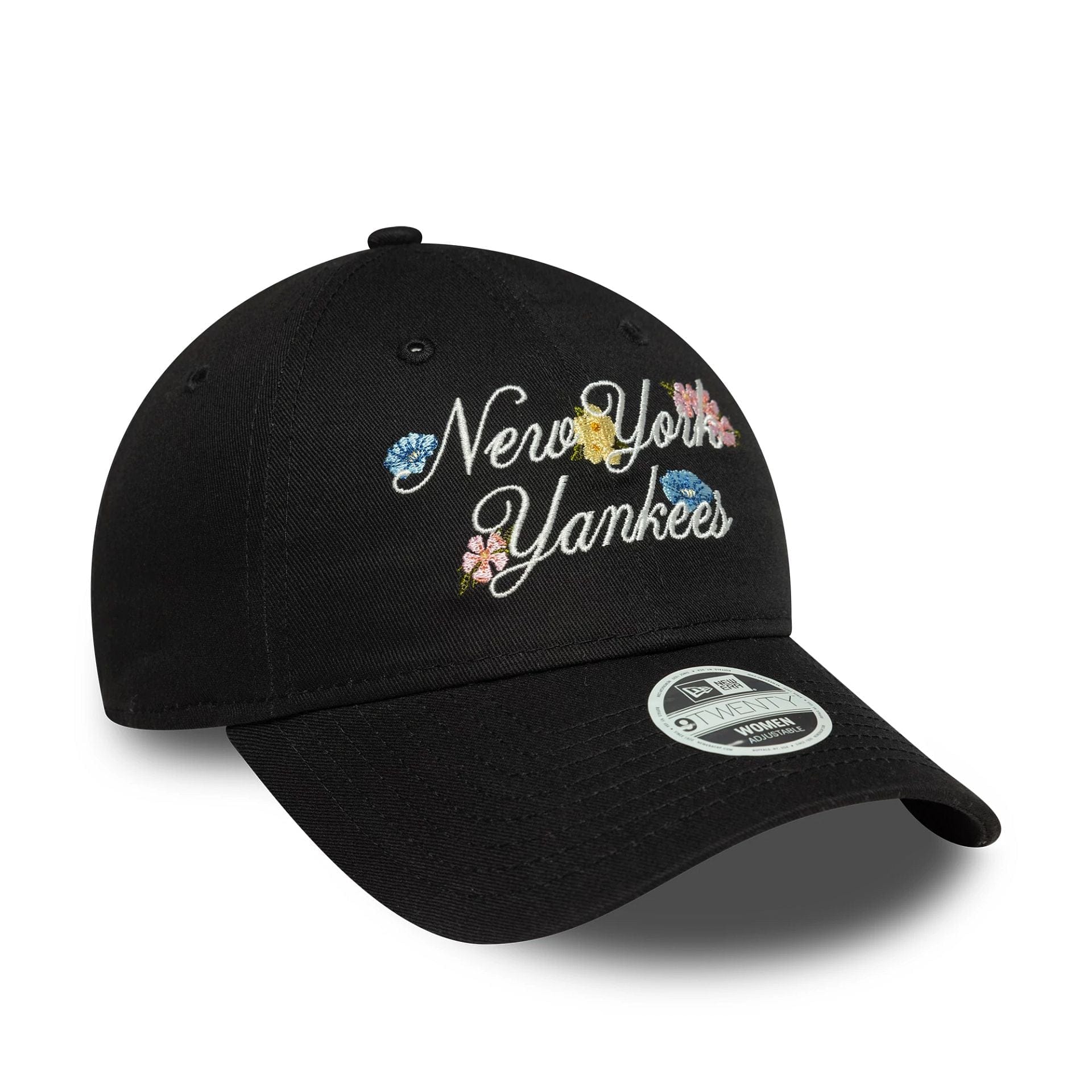 This is a New York Yankees Womens MLB Floral Script Black 9TWENTY Adjustable Cap 3