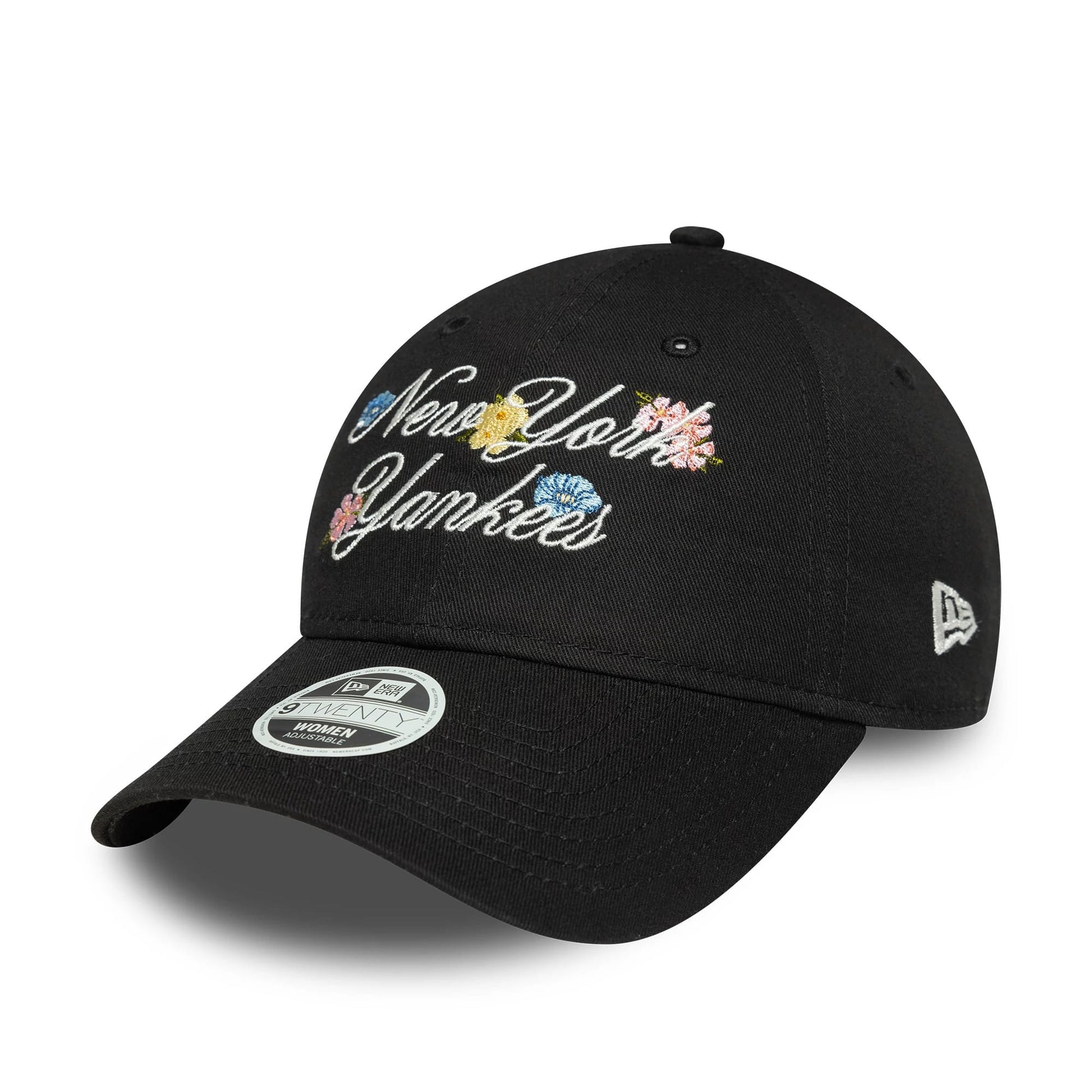 This is a New York Yankees Womens MLB Floral Script Black 9TWENTY Adjustable Cap 1
