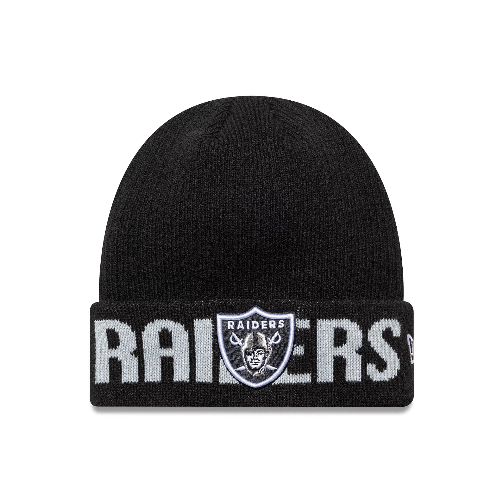 This is a Las Vegas Raiders NFL Wordmark Black Cuff Knit Beanie Hat 1
