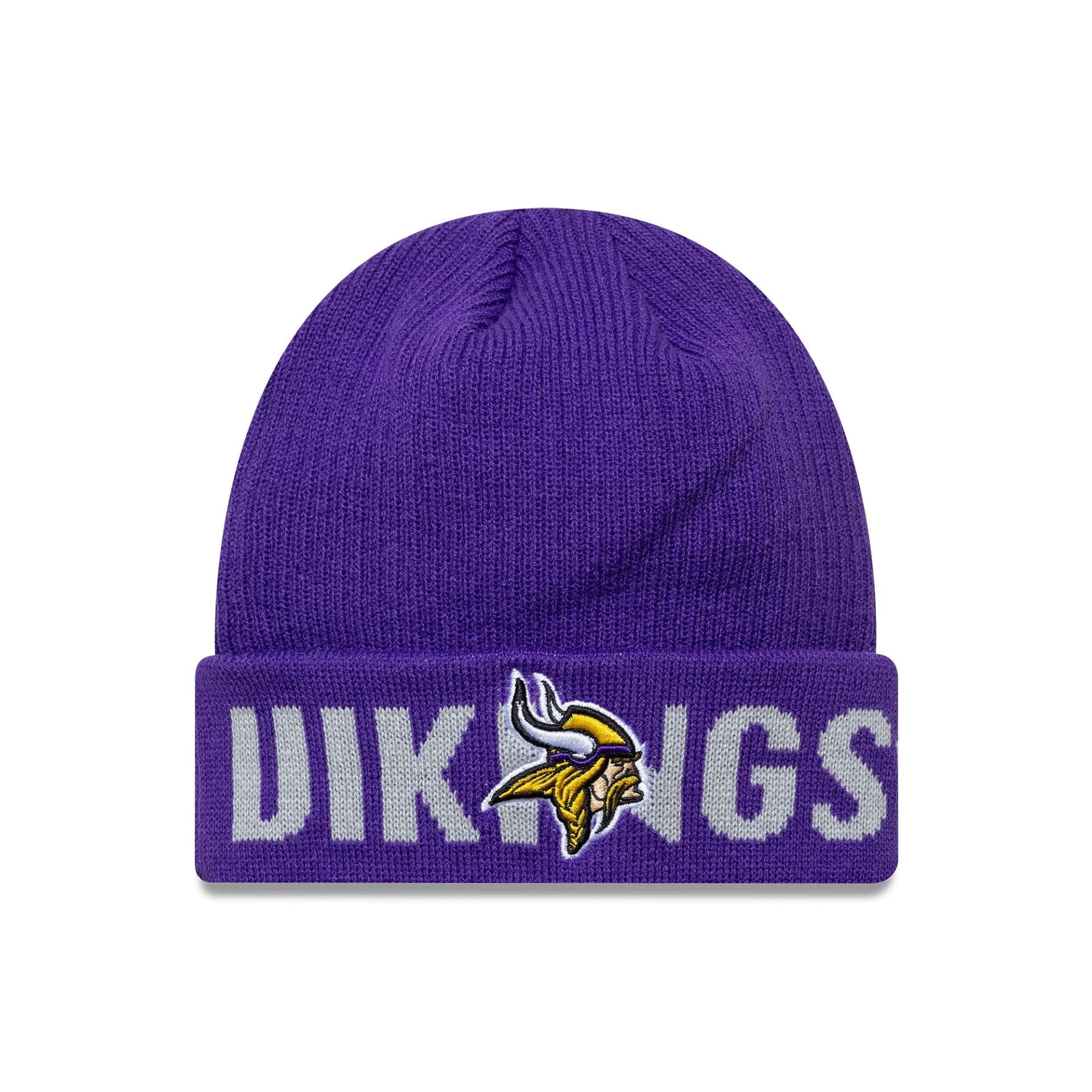 This is a Minnesota Vikings NFL Wordmark Purple Cuff Knit Beanie Hat 1