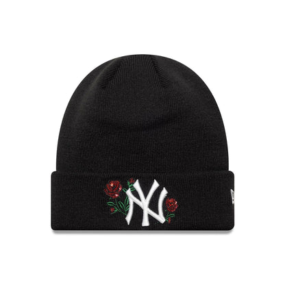 This is a New York Yankees MLB Sequin Rose Black Cuff Knit Beanie Hat 1