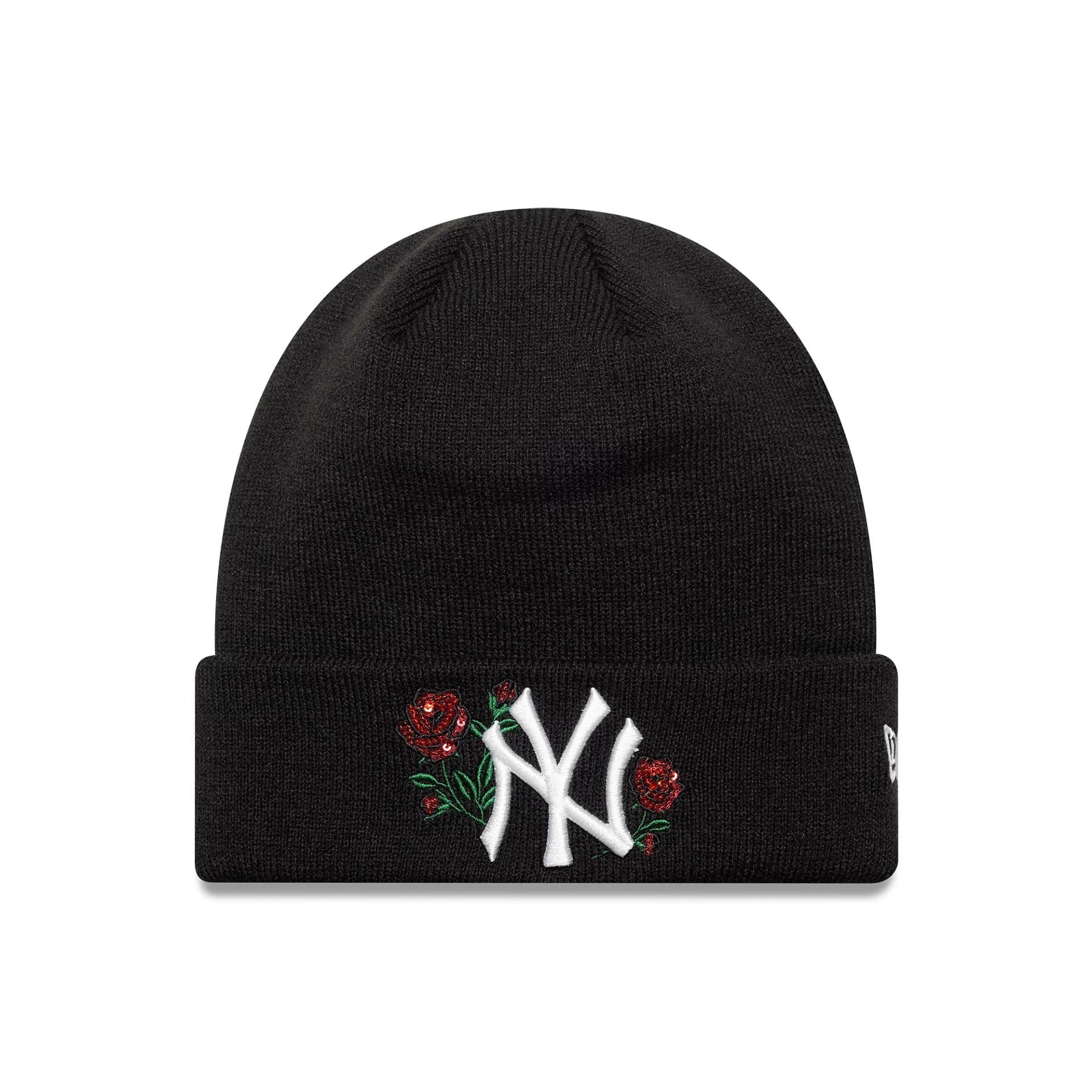 This is a New York Yankees MLB Sequin Rose Black Cuff Knit Beanie Hat 1