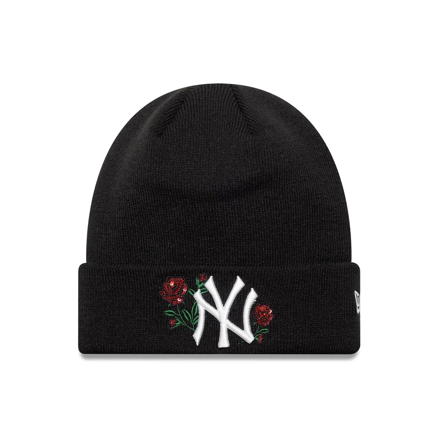 This is a New York Yankees MLB Sequin Rose Black Cuff Knit Beanie Hat 1