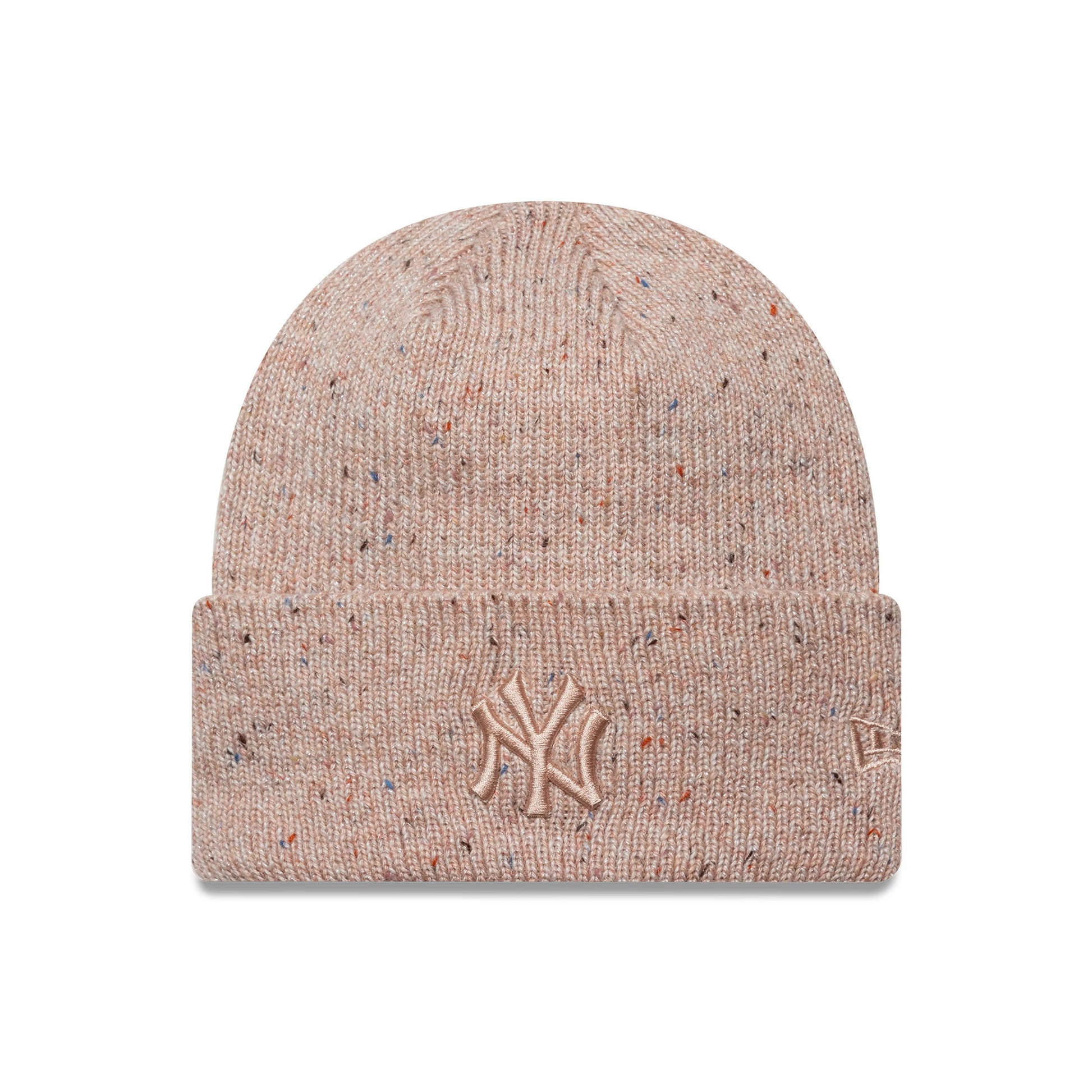 This is a New York Yankees Womens MLB Glitter Pastel Pink Cuff Knit Beanie Hat 1