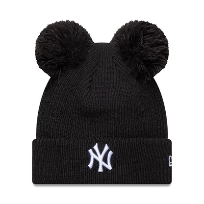 This is a New York Yankees Womens MLB Double Pom Black Cuff Knit Beanie Hat 1
