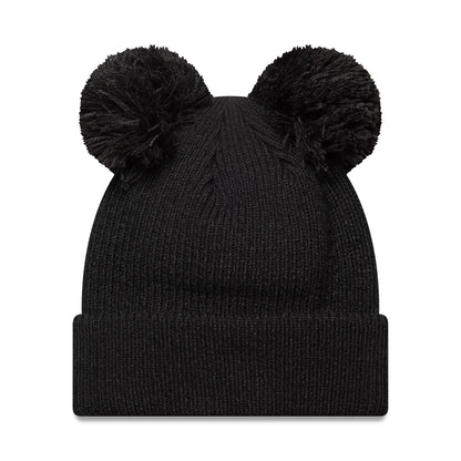 New Era New York Yankees Womens MLB Double Pom Black Cuff Knit Beanie Hat, front view showing two oversized black pom poms on top of the textured black knit crown and a wide cuffed edge.
