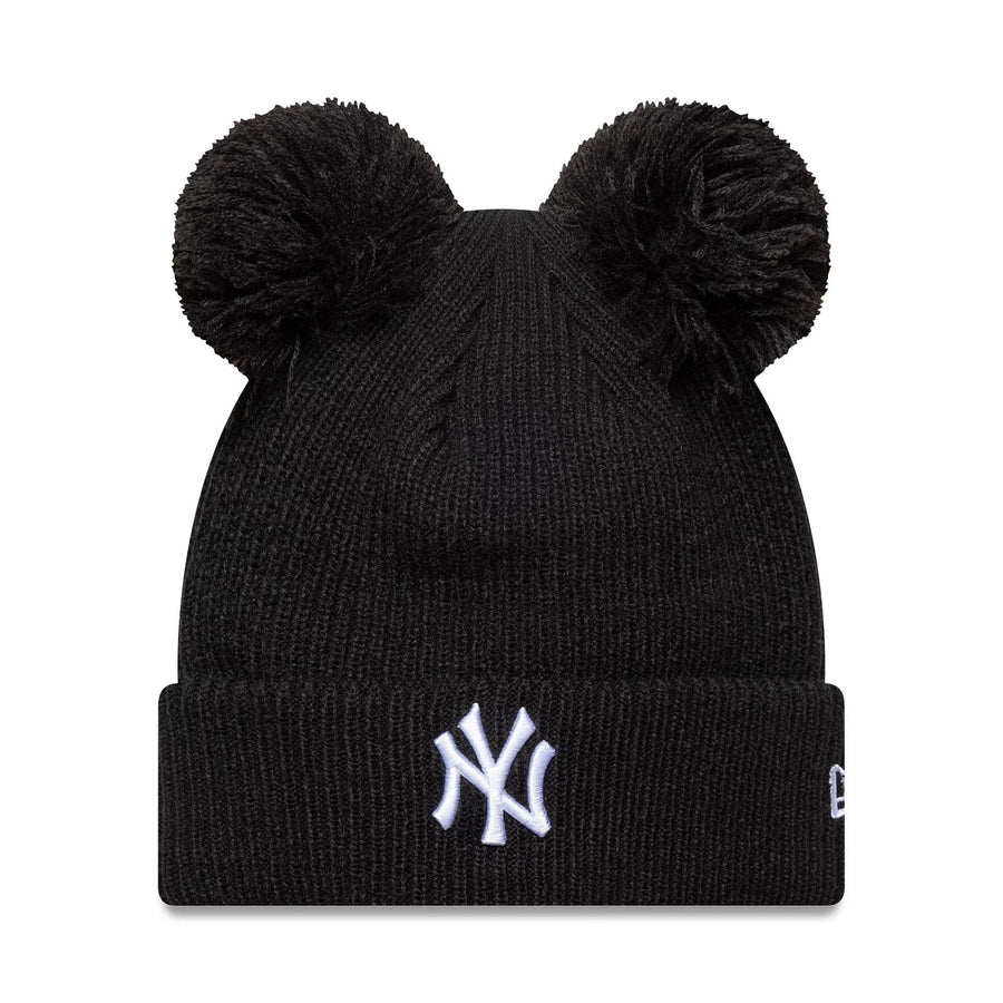 This is a New York Yankees Womens MLB Double Pom Black Cuff Knit Beanie Hat 1