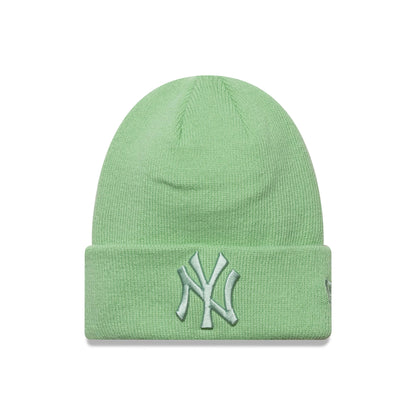 New Era New York Yankees Youth MLB League Essential Pastel Green Cuff Knit Beanie Hat, front view showing the raised pastel green embroidered NY logo on the cuff and detailed knit pattern on the crown.