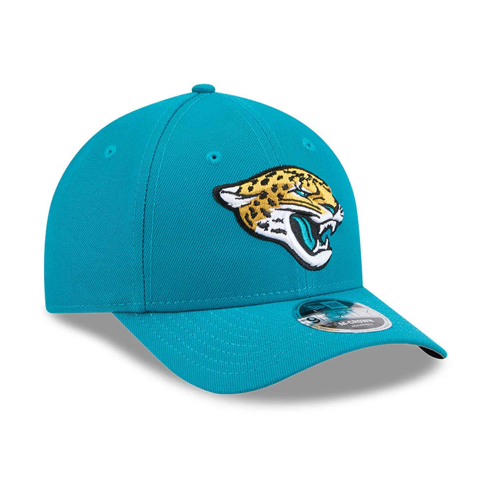 Jacksonville Jaguars NFL Team Turquoise New Era 9FORTY M-Crown Cap, three-quarter view showing the raised embroidered Jaguars logo on the front panel, with a curved visor and a 9FORTY size sticker on top.