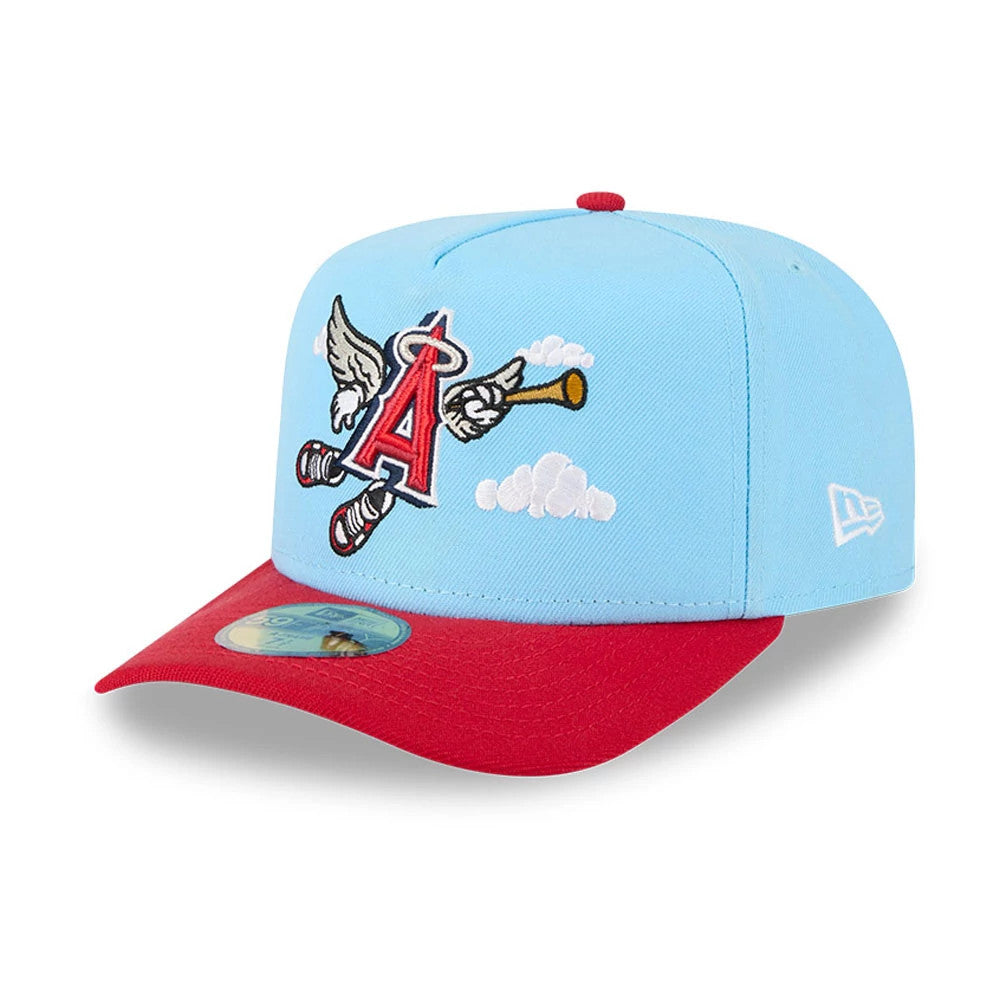Pictured is this MLB Cartoon LA Angels 59FIFTY A-Frame Fitted cap in red. 1