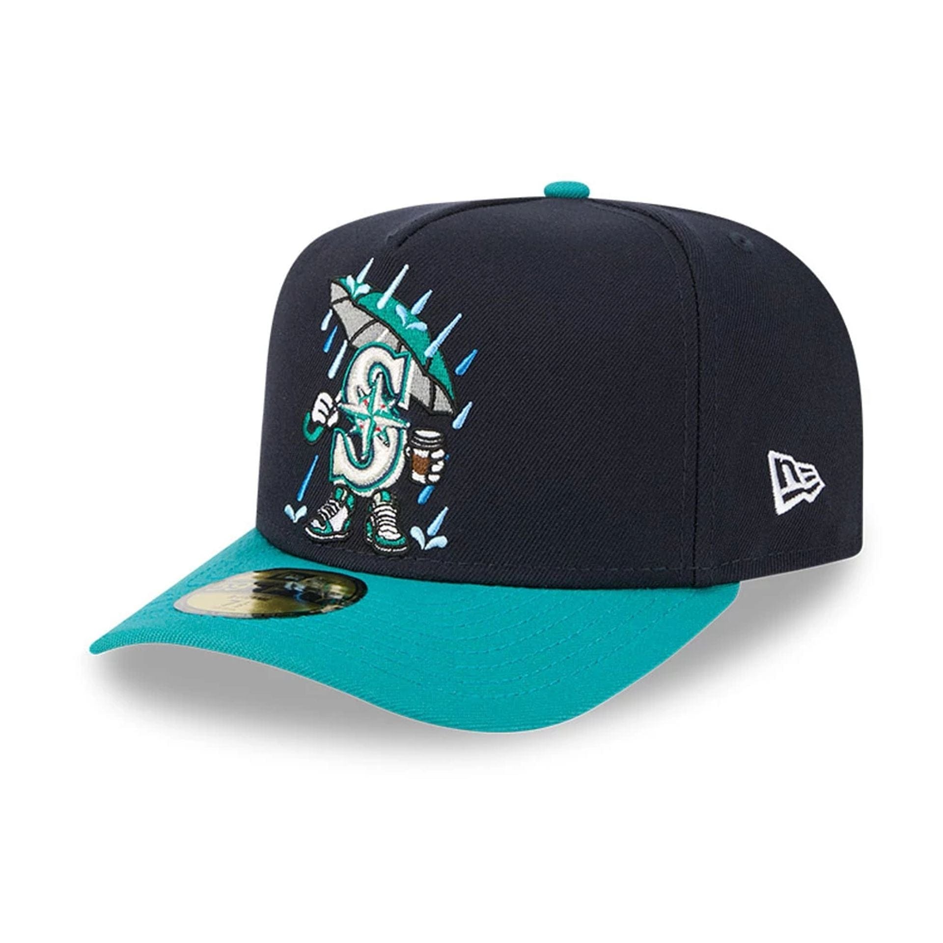 Pictured is this MLB Cartoon Seattle Mariners 59FIFTY A-Frame Fitted cap in navy. 4