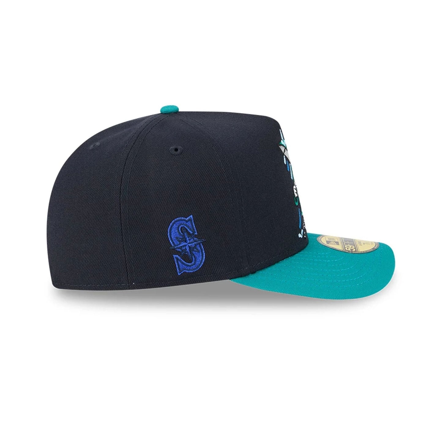 Pictured is this MLB Cartoon Seattle Mariners 59FIFTY A-Frame Fitted cap in navy. 5