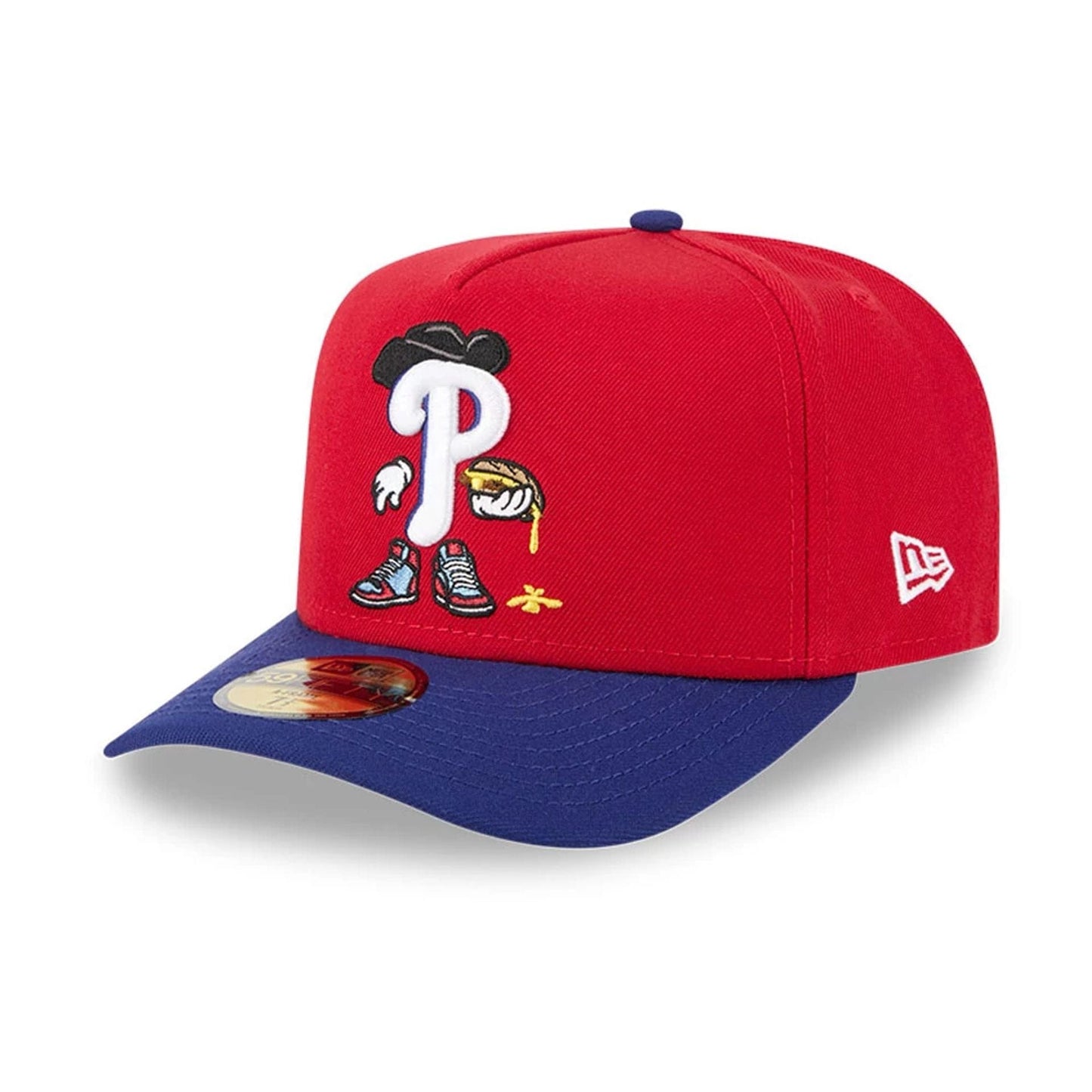 Pictured is this MLB Cartoon Philadelphia Phillies 59FIFTY A-Frame Fitted cap in red. 4