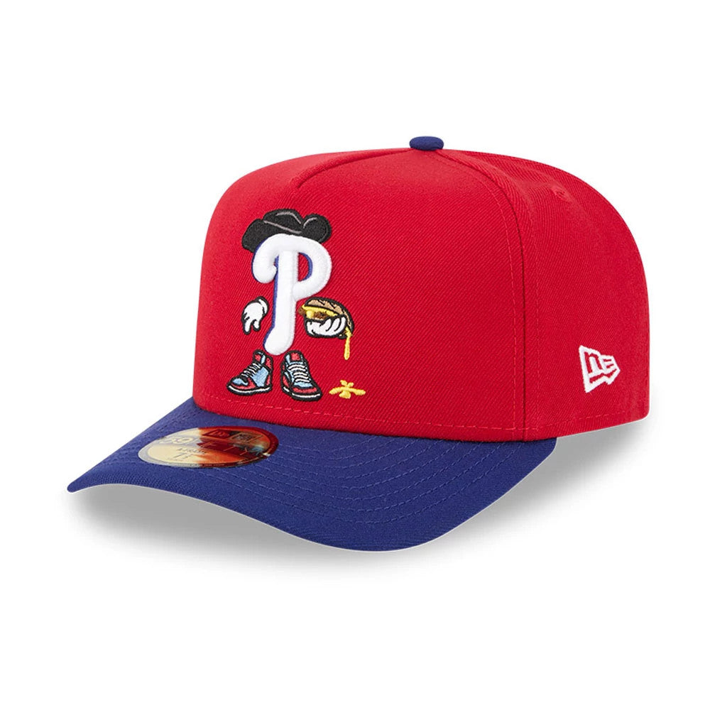 Pictured is this MLB Cartoon Philadelphia Phillies 59FIFTY A-Frame Fitted cap in red. 4