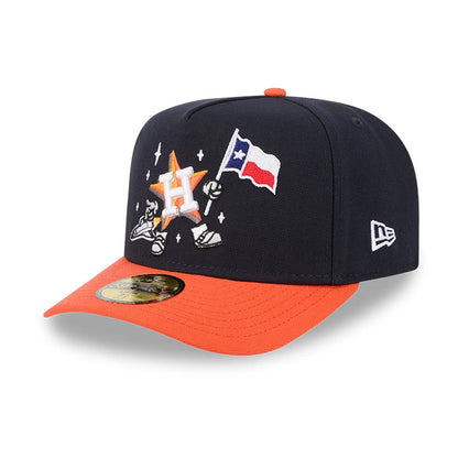 Houston Astros MLB Cartoon Navy New Era 59FIFTY A-Frame Fitted Cap, front view showing the orange embroidered cartoon star logo with Houston H and a Texas flag on the front panel, paired with an orange visor and gold 59FIFTY size sticker.