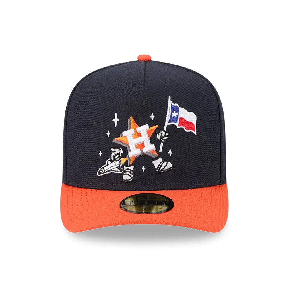 Houston Astros MLB Cartoon Navy New Era 59FIFTY A-Frame Fitted Cap, front view with raised embroidered white H logo on a cartoon star holding a Texas flag, set on a navy crown with an orange visor and gold 59FIFTY size sticker.