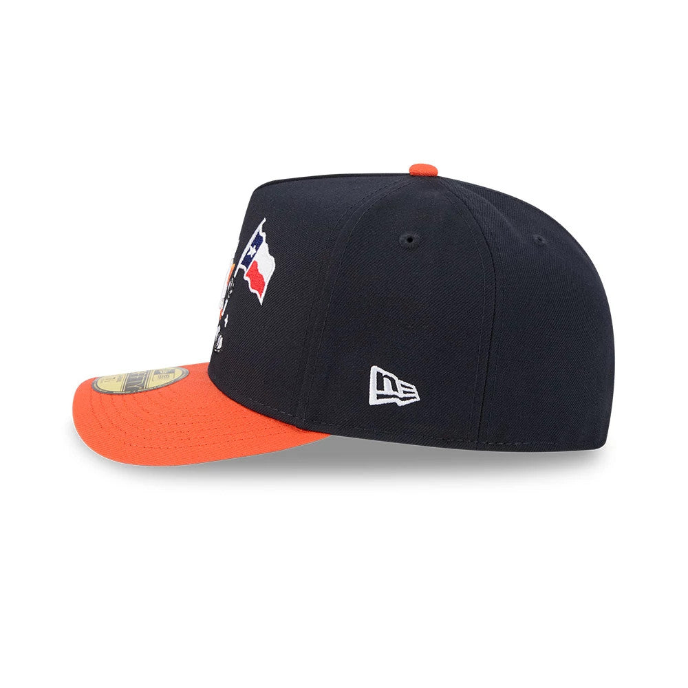 Houston Astros MLB Cartoon Navy New Era 59FIFTY A-Frame Fitted Cap, side view showing the white New Era flag logo on the left side, a structured navy crown, and contrasting orange visor with a gold 59FIFTY size sticker.