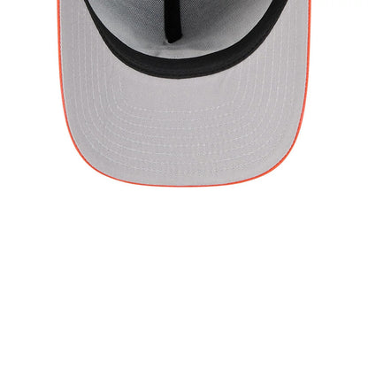 Houston Astros MLB Cartoon Navy New Era 59FIFTY A-Frame Fitted Cap, inside view showing a grey undervisor with orange stitching, a black sweatband lining the base of the grey inner crown, and taping seams running across the panels.