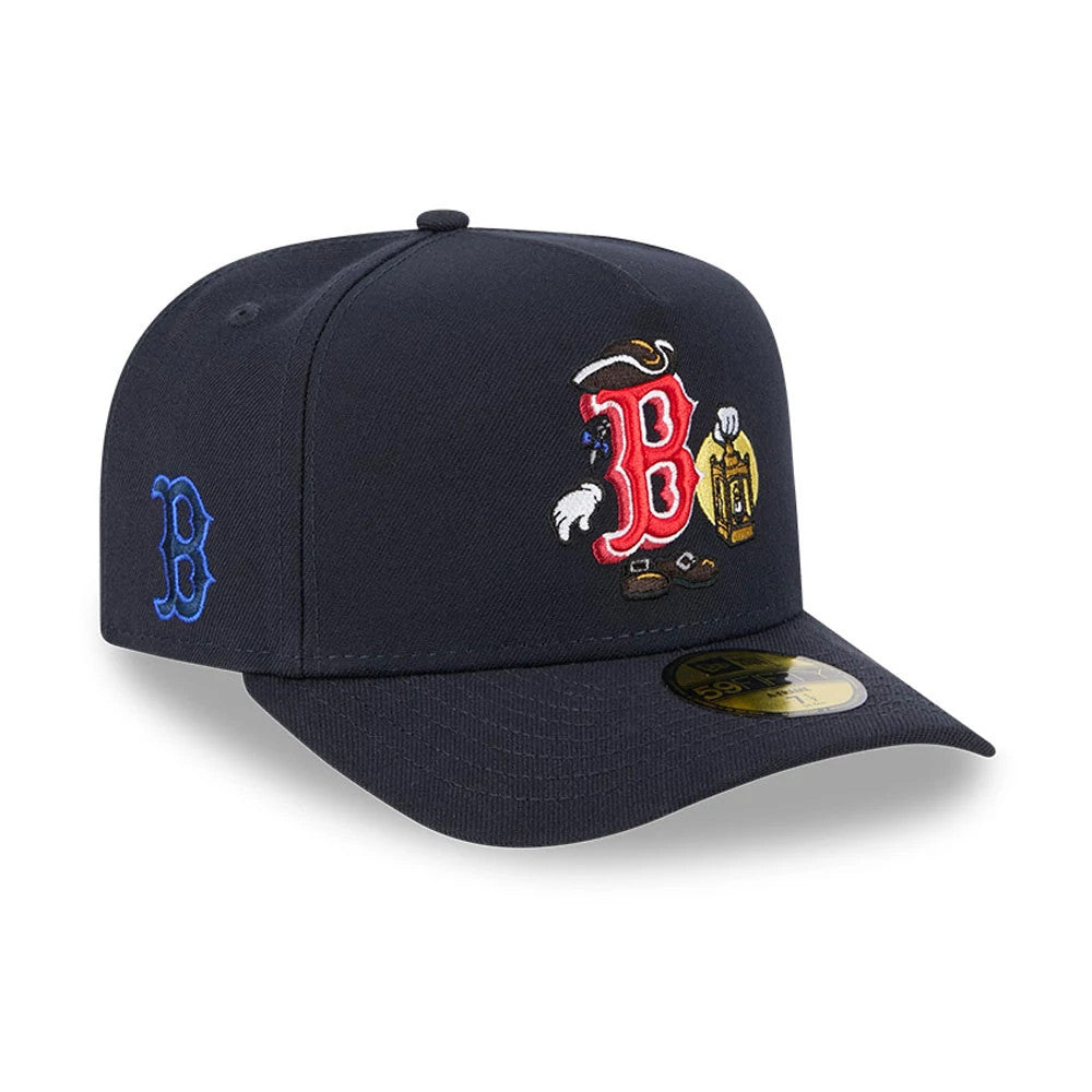 Boston Red Sox MLB Cartoon Navy New Era 59FIFTY A-Frame Fitted Cap, three-quarter view showing embroidered red B logo with cartoon details on the front panel, a blue B on the left side, and a gold 59FIFTY size sticker on the visor.