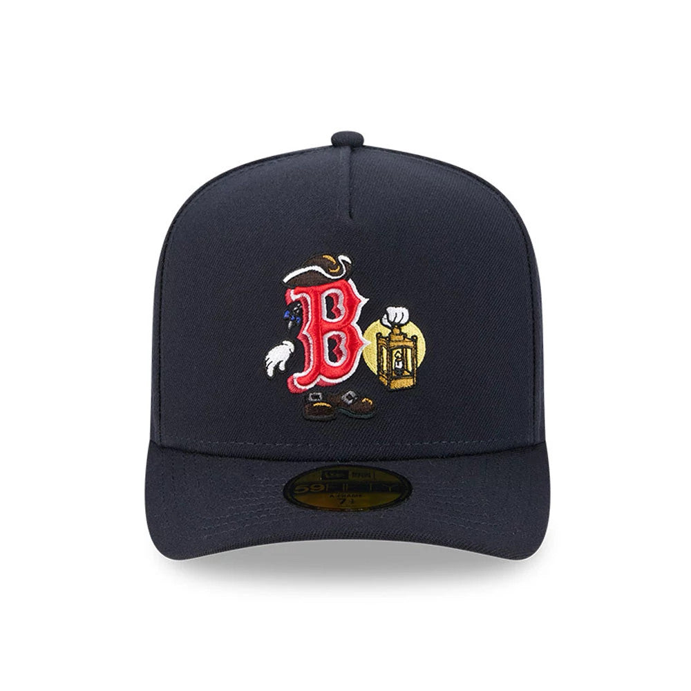 Boston Red Sox MLB Cartoon Navy New Era 59FIFTY A-Frame Fitted Cap, front view showing raised red B logo with a cartoon mascot holding a lantern on the centre front panel, navy visor with gold 59FIFTY size sticker.