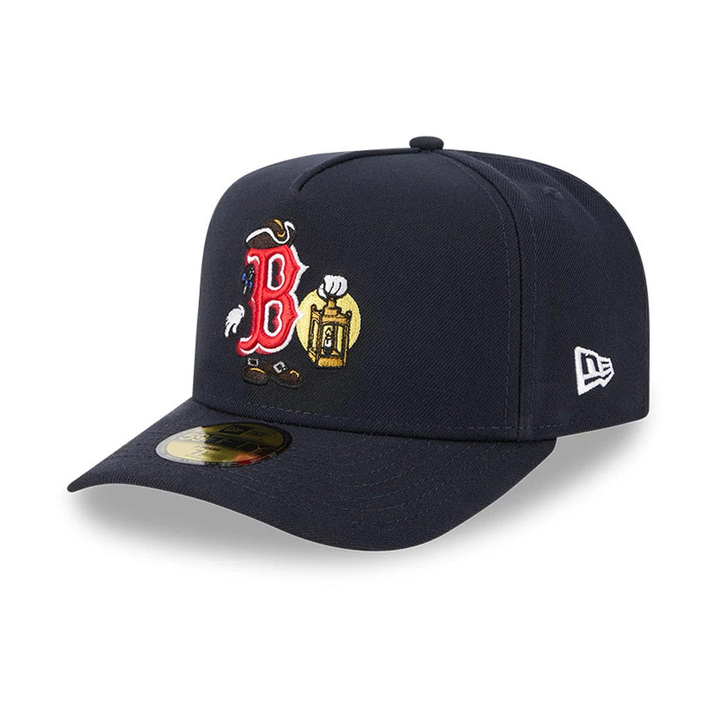 Boston Red Sox MLB Cartoon Navy New Era 59FIFTY A-Frame Fitted Cap, three-quarter view showing the cartoon style red B logo on the front panel, gold 59FIFTY size sticker on the flat visor and white New Era flag logo on the left side.