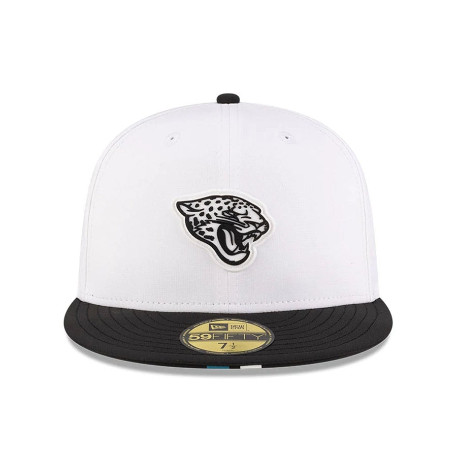 This is a Jacksonville Jaguars NFL Training 2025 White 59FIFTY Fitted Cap 2