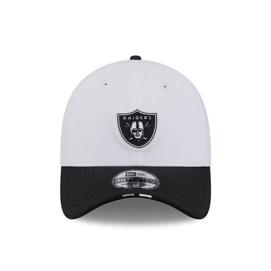 This is a Las Vegas Raiders NFL Training 2025 White 39THIRTY Stretch Fit Cap 2